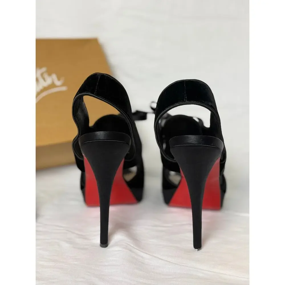 Christian Louboutin Sarah B Black Satin Ribbon Platform Sandals EU 40